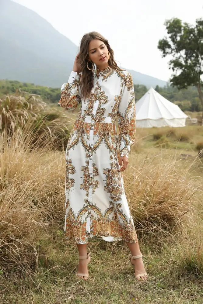Bohemian Style Floral Printed Casual Dresses Palace Sleeve Print Shirt Sleeve Dress