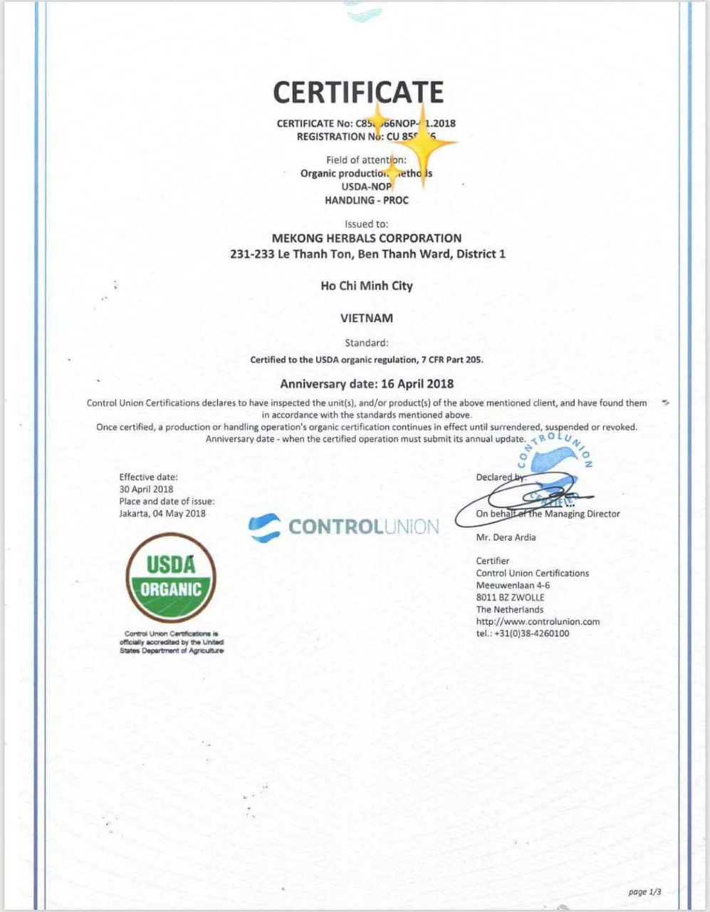 Organic cetifycation