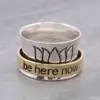 BE HERE NOW text ring lotus meditation spinner ring 925 sterling silver jewelry