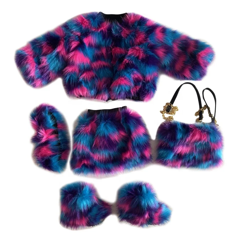 
2020 Fashion Winter Girl Plush Furry Coats Mix Color Kids Faux Fur Jackets with Matching Color Skirt and Boots 