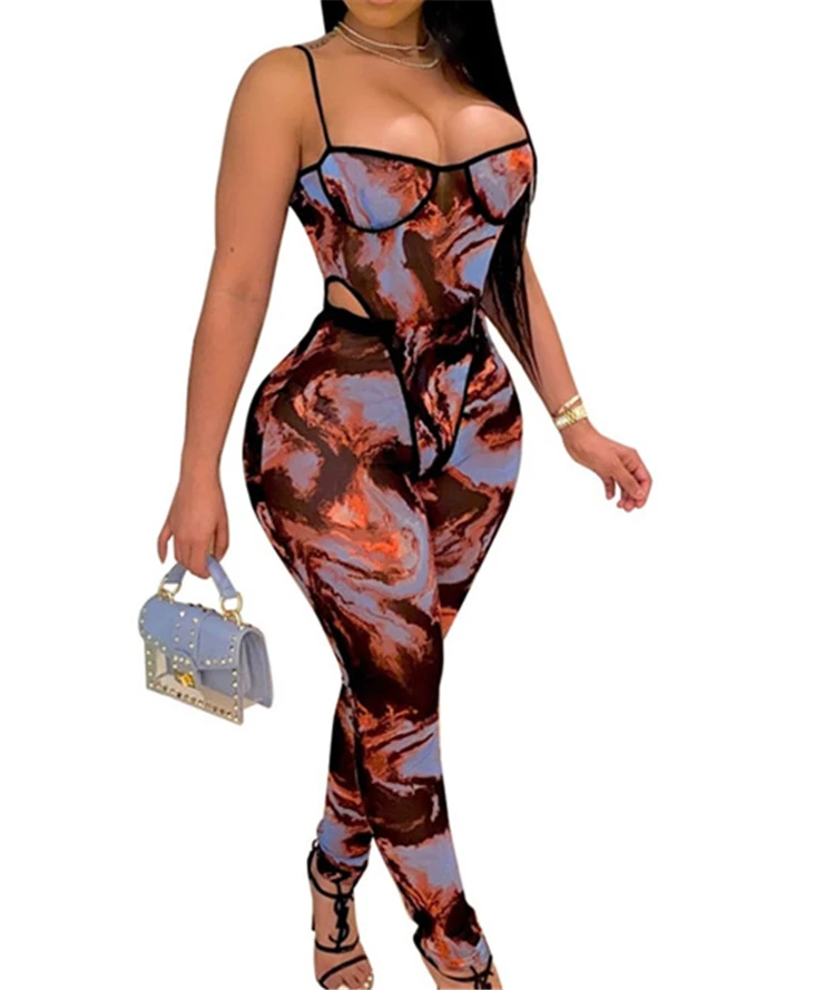 Wholesale 2 piece mesh print jumpsuit set romper women  CY_8568