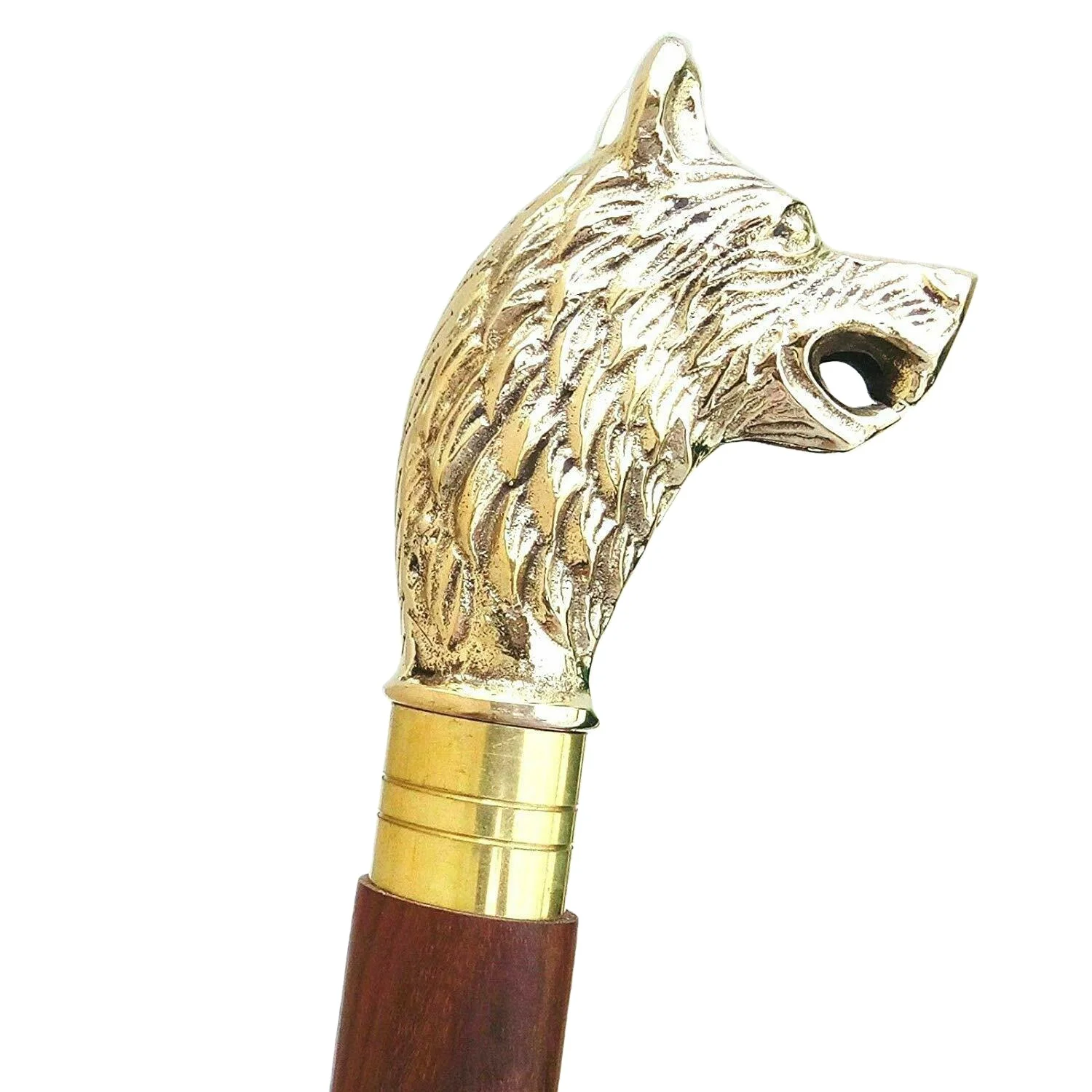 VINTAGE WOLF HEAD Solid Brass Wolf Head Handle For Walking Stick Canes Shaft 