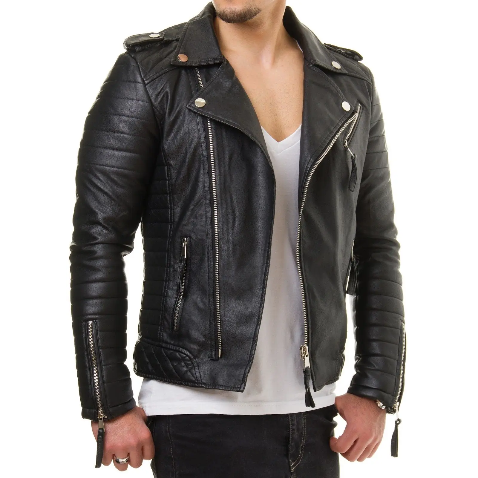 New men Genuine Lambskin Leather Jacket Black Slim Fit Biker Motorcycle Jacket