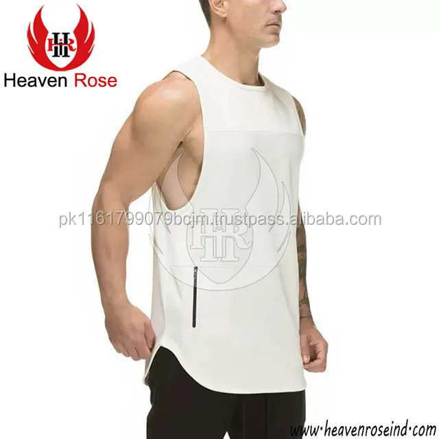 8" Side Zip Plain White Tank Top With Custom Size Label Men Stringer