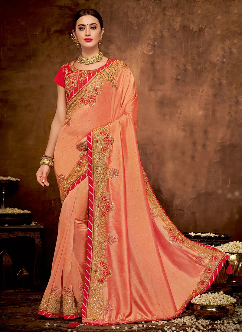 婚礼穿印度最新设计师线程刺绣工作丝绸莎丽系列