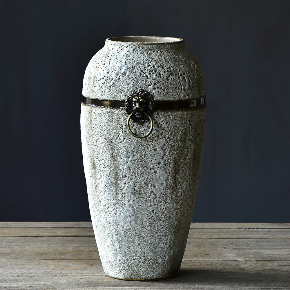 Bixuan Vases White Retro Distressed Ceramic Jar Vase Unique Brass Ring Decor Art Porcelain Vases