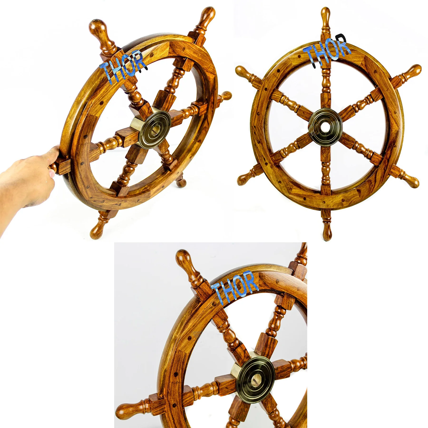 18" Vintage Boat Ship Steering Wheel Brass Wooden Decor Nautical Pirate Gift 