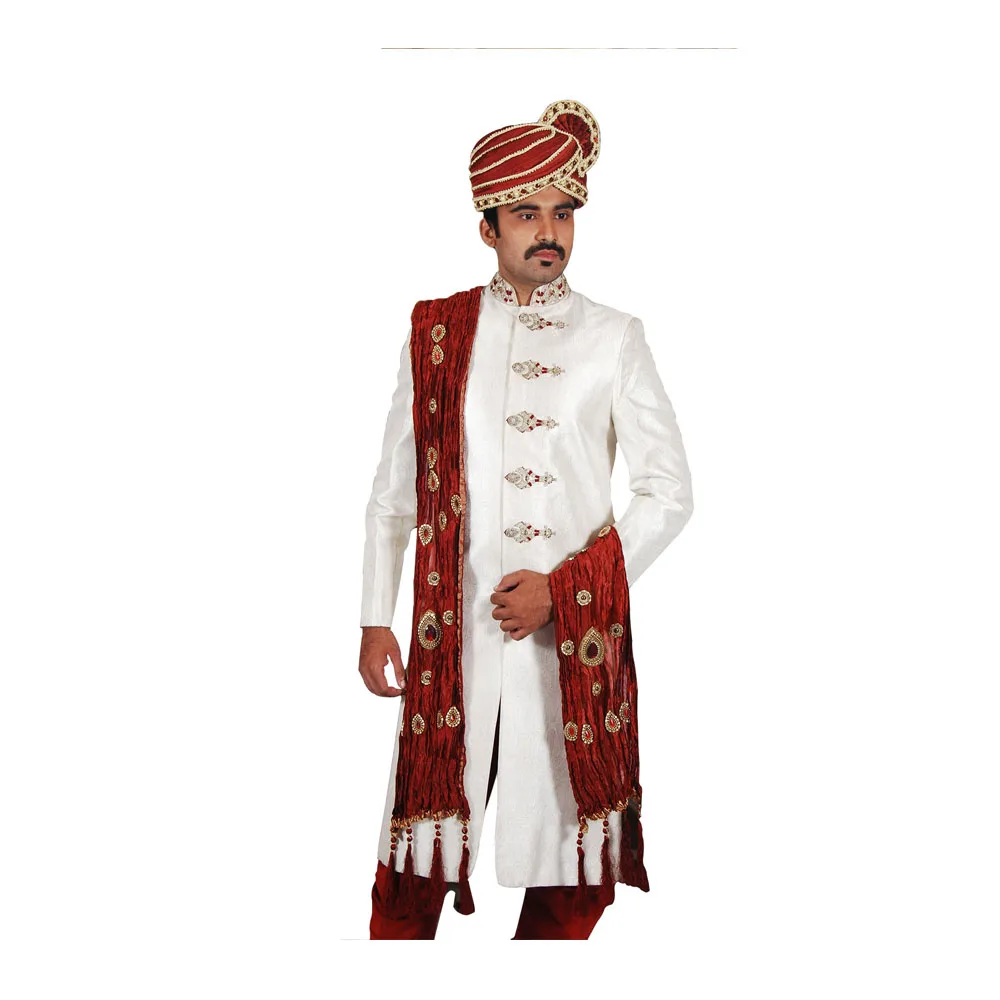 
Unique Designer Indian Wedding Cream Sherwani For Men Made With Premium Silk Brocade And Fabricated, Golden Moonga 