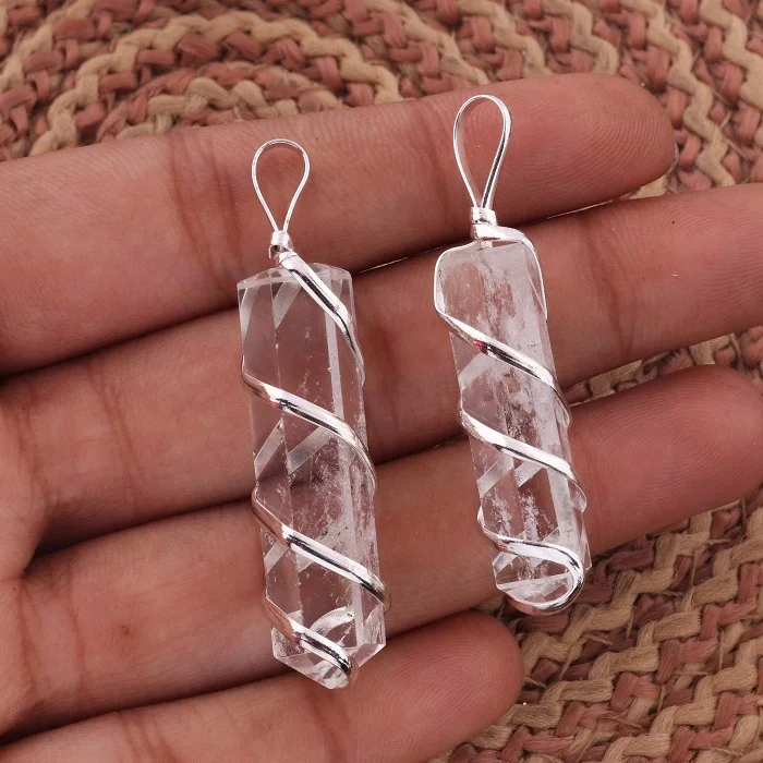 Pencil Pointed Silver Wire Wrap Pendants 36x10mm Crystal Stones Spiritual Points 