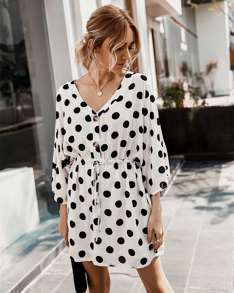 Fashion Hight Quality Women V-Neck Dot Pattern Printed Short Sleeve Holiday Casual Dress