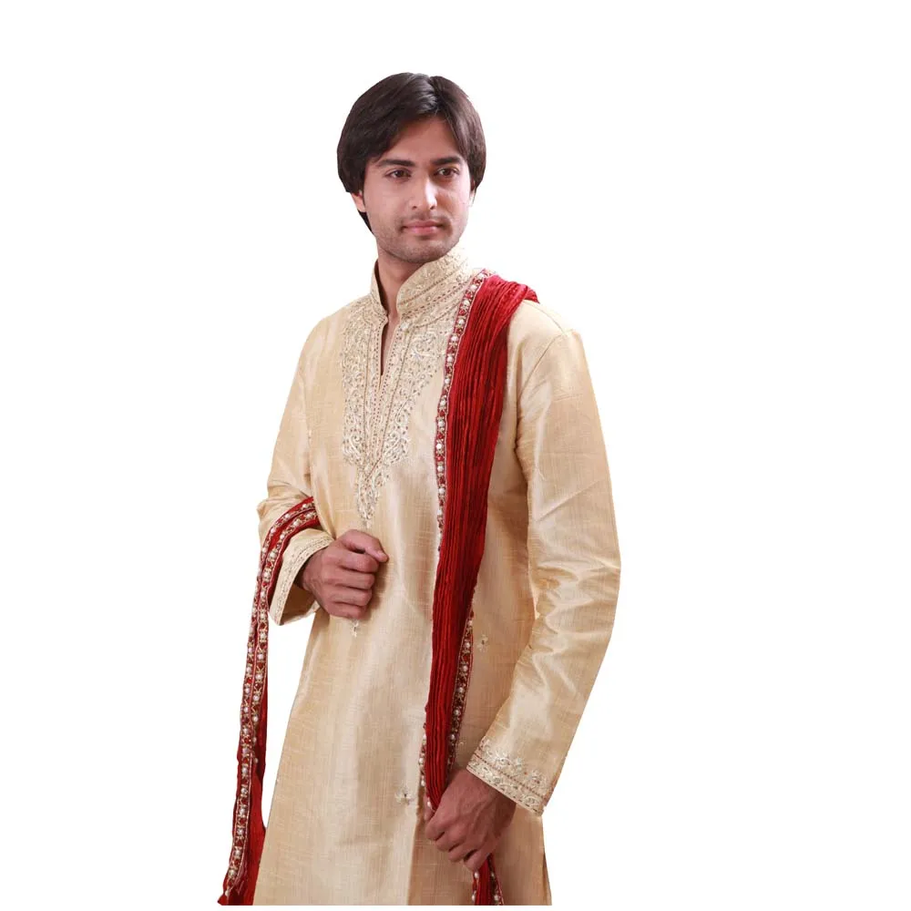 
Saris And Things Cream Kurta Pajama Sherwani Indian Ethnic Wear For Men Small Designs In The Shape Of Flowers Ornate 