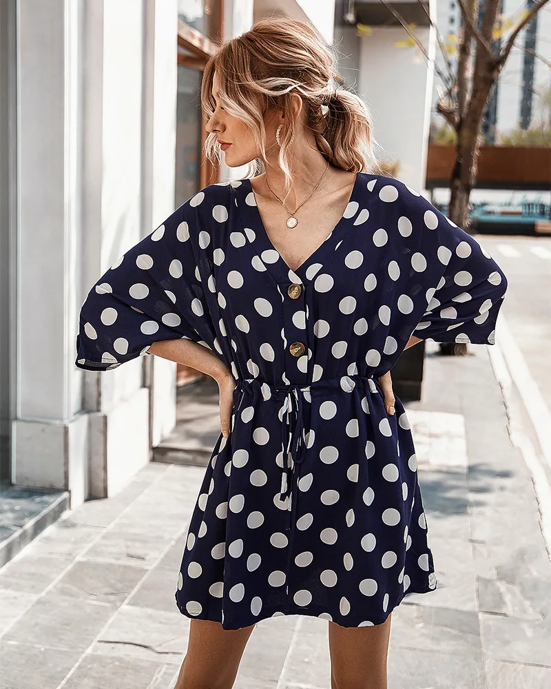 Fashion Hight Quality Women V-Neck Dot Pattern Printed Short Sleeve Holiday Casual Dress