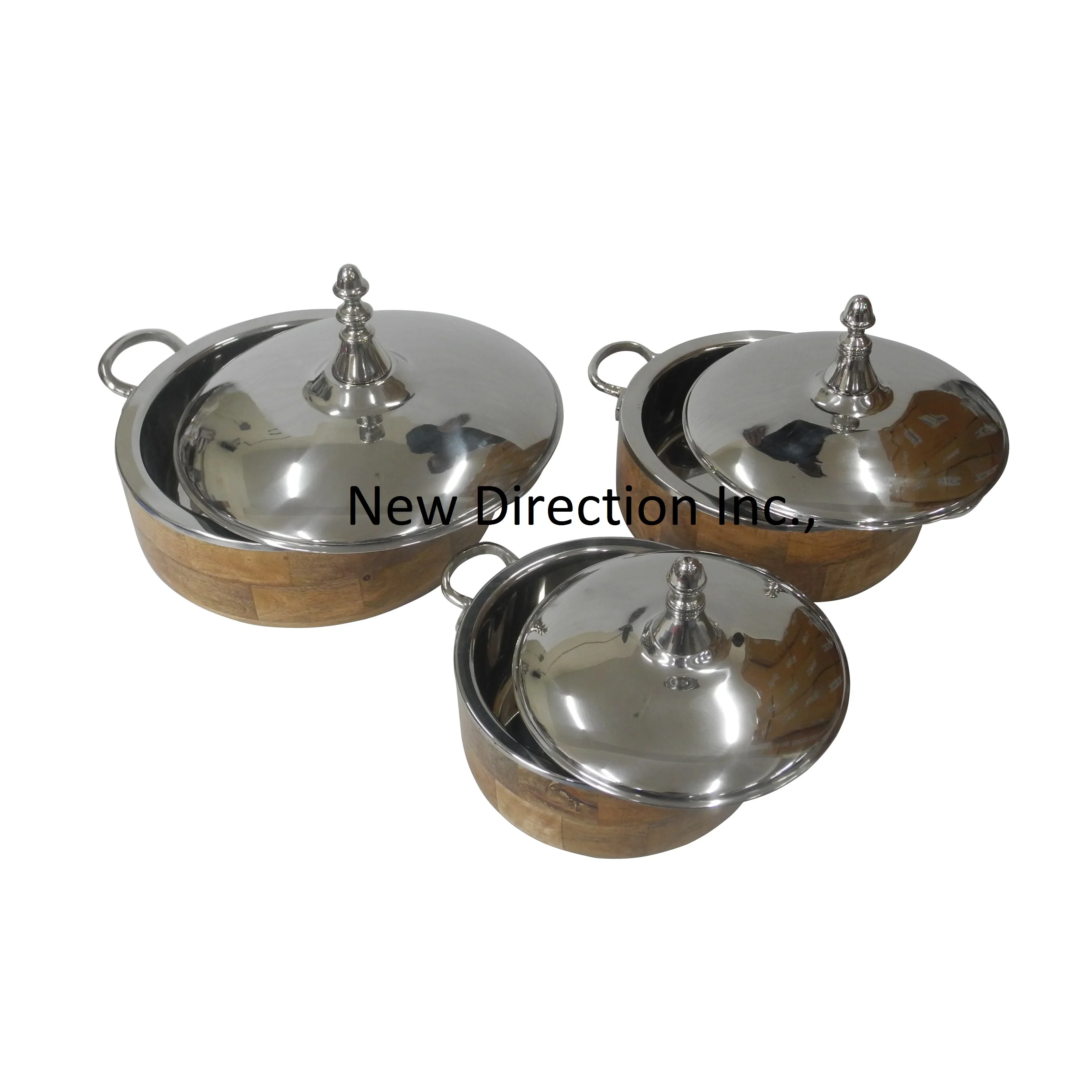 Stainless Steel Insulated Double Wall Casseroles Serving Hot Pot With Wooden Base Hot Sale Set