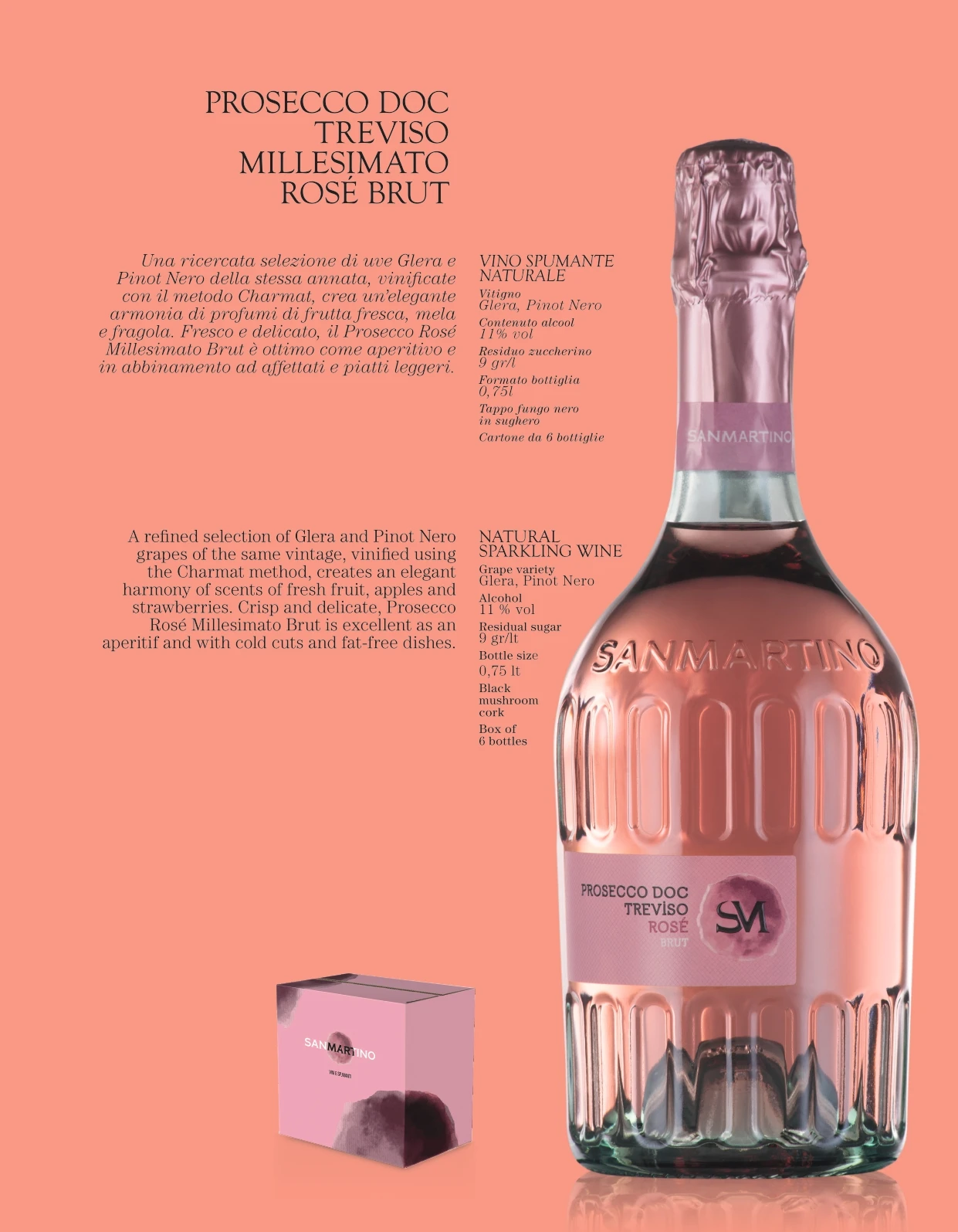 Made In Italy Italian Wine Sparkling Wine Prosecco Doc Treviso Millesimato Rose Brut San