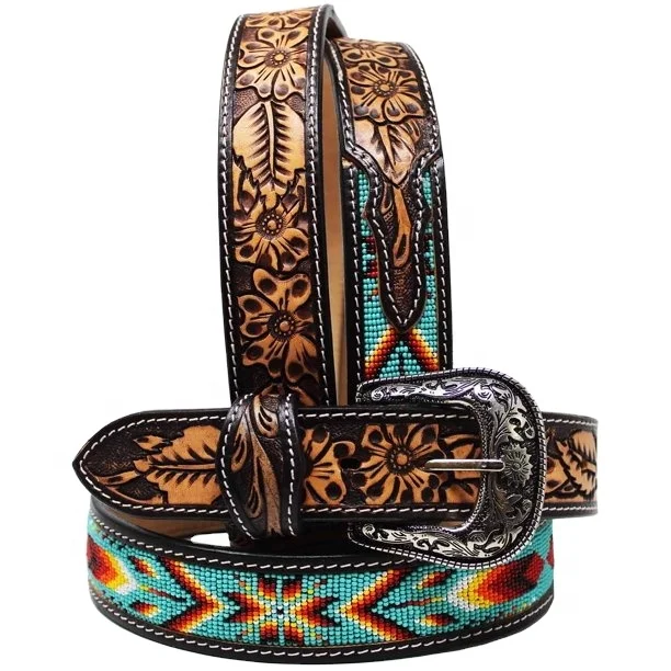 Cowboy Beaded Belt With Floral Embossed Design & Best Quality Leather ...