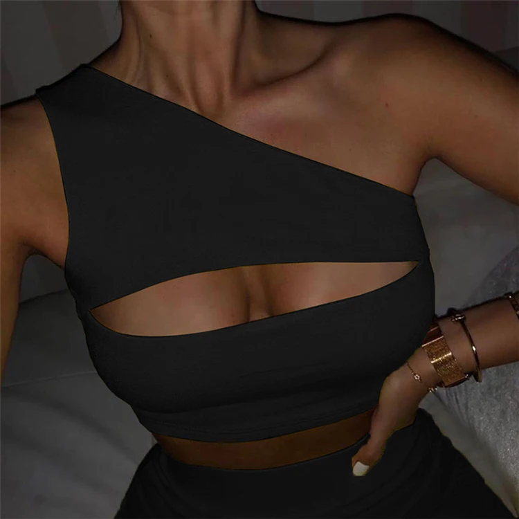 Sexy Bodycon One Shoulder Cropped Top Short Two Piece Set For Women 