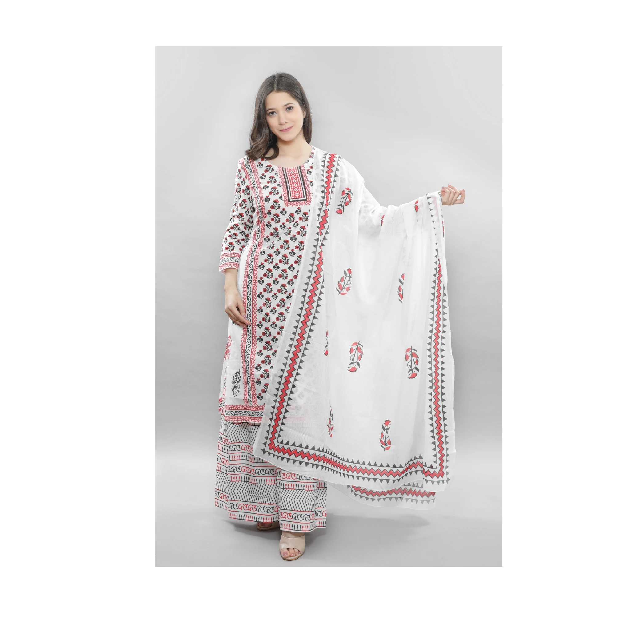 Indian Printed Ethnic Floral Design Chic Cotton Tunic Women's Kurti Plazzo Set 