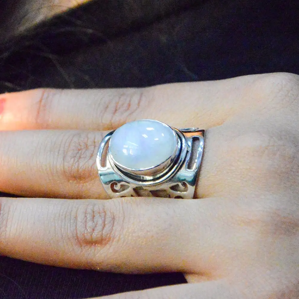 Moonstone 925 Sterling Sliver Wide Band Ring Jewelry Handmade All Size G-86