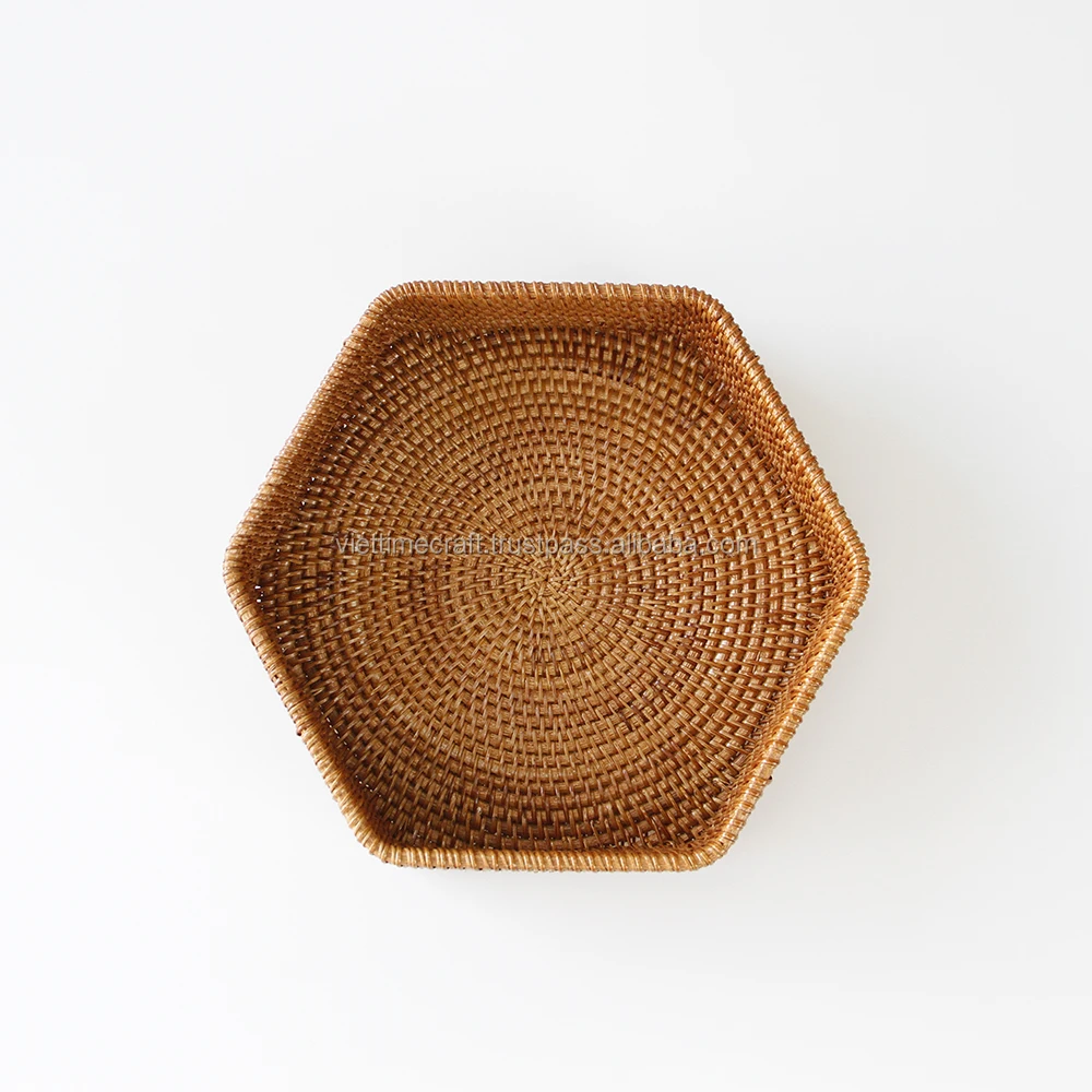 New Design Hexagon Rattan Serving Food Tray Set Of 2 Rattan Basket Tray