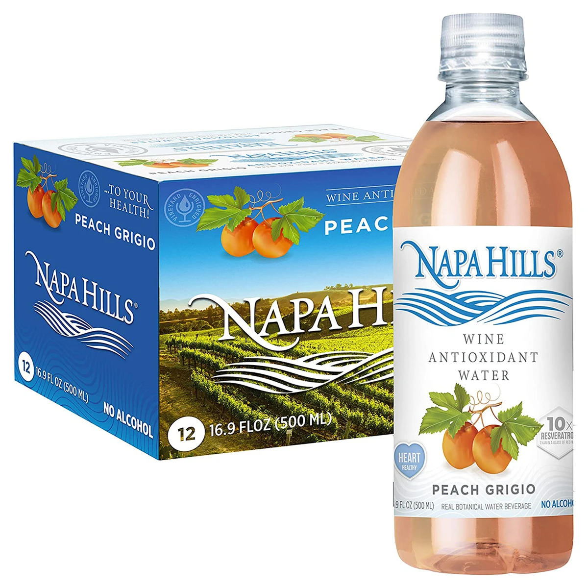 
Antioxidant Water Wine Napa Hills Peach Grigio Flavored Wine Water Non Alcoholic Resveratrol Enriched Drink 12 Pack 