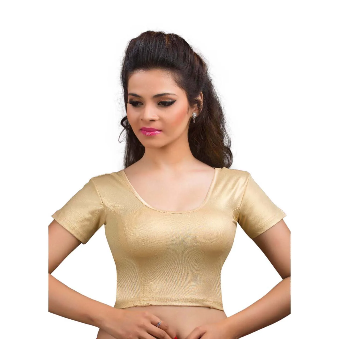 
Gold Shimmer Short Sleeve Stretchable Ready Made Saree Blouse Choli Suitable For All Occasions 