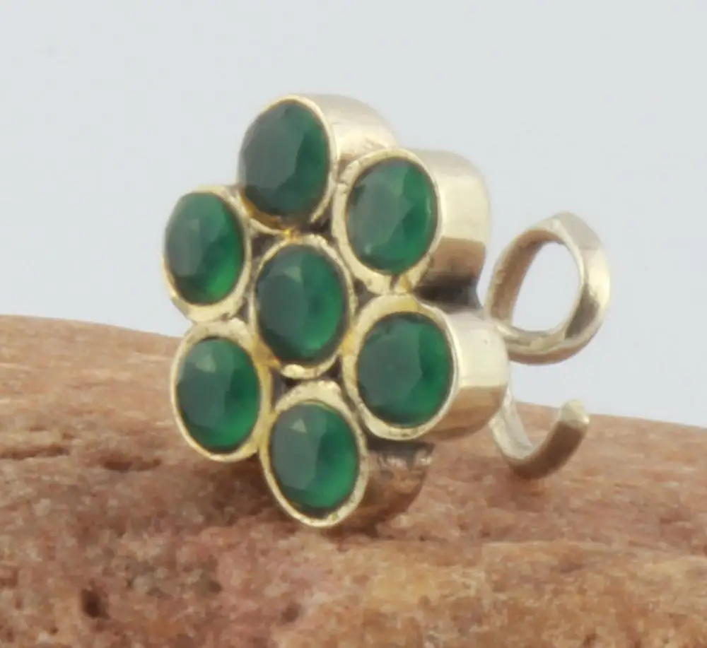 925 sterling silver gold plated green stones embellished floral design nose pin