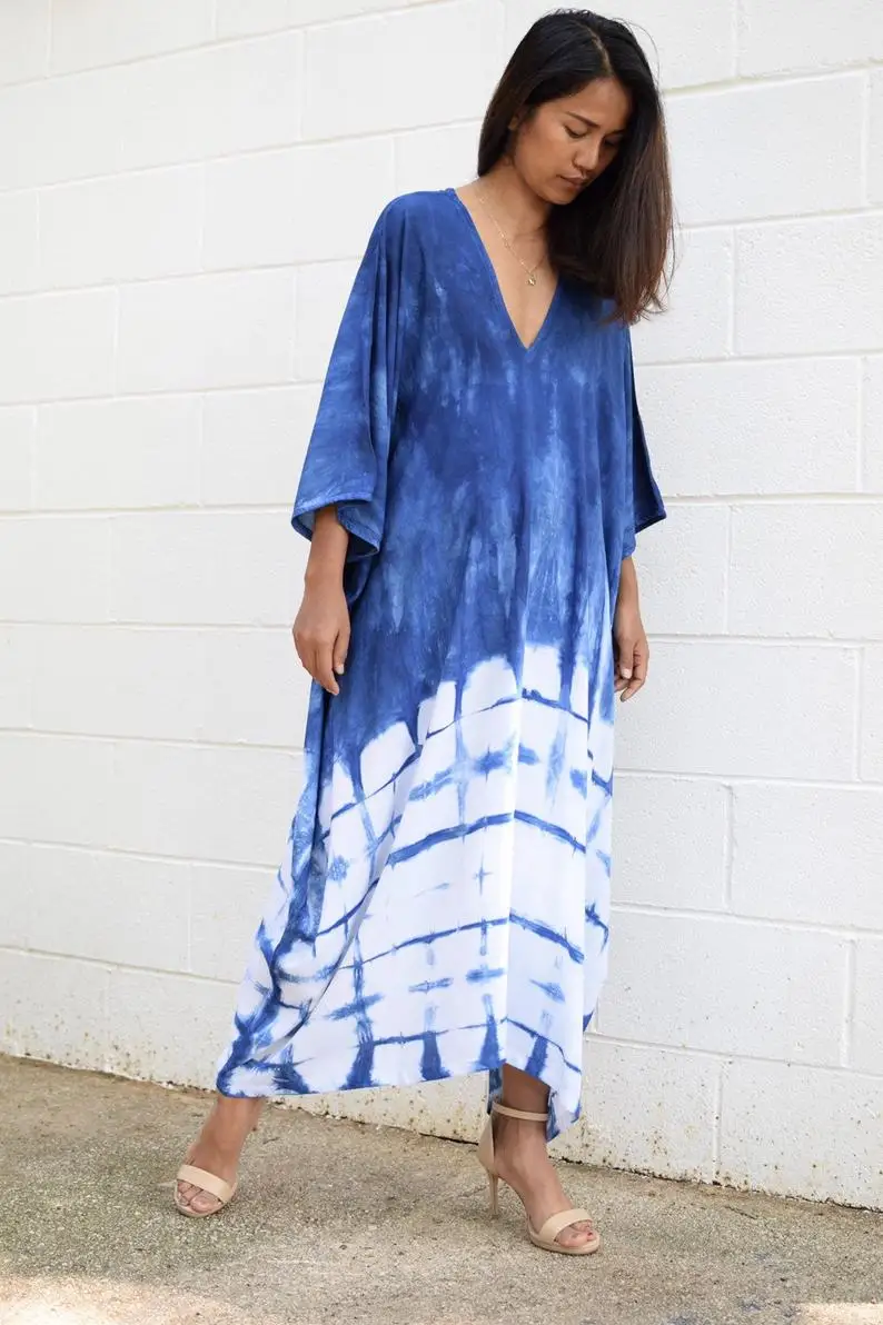 豪华海滩印度手工扎染长长裙女式休闲均码蜡染印花掩盖黄昏沙滩派对