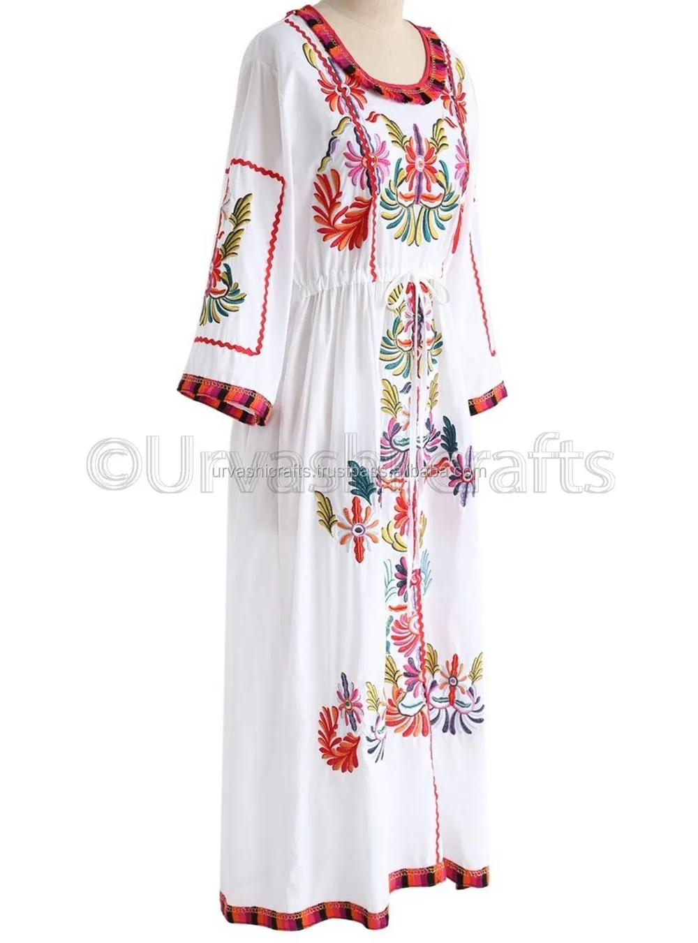 Hand Embroidery Dresses Cotton Fabric With Multi Color Lace On Neckline