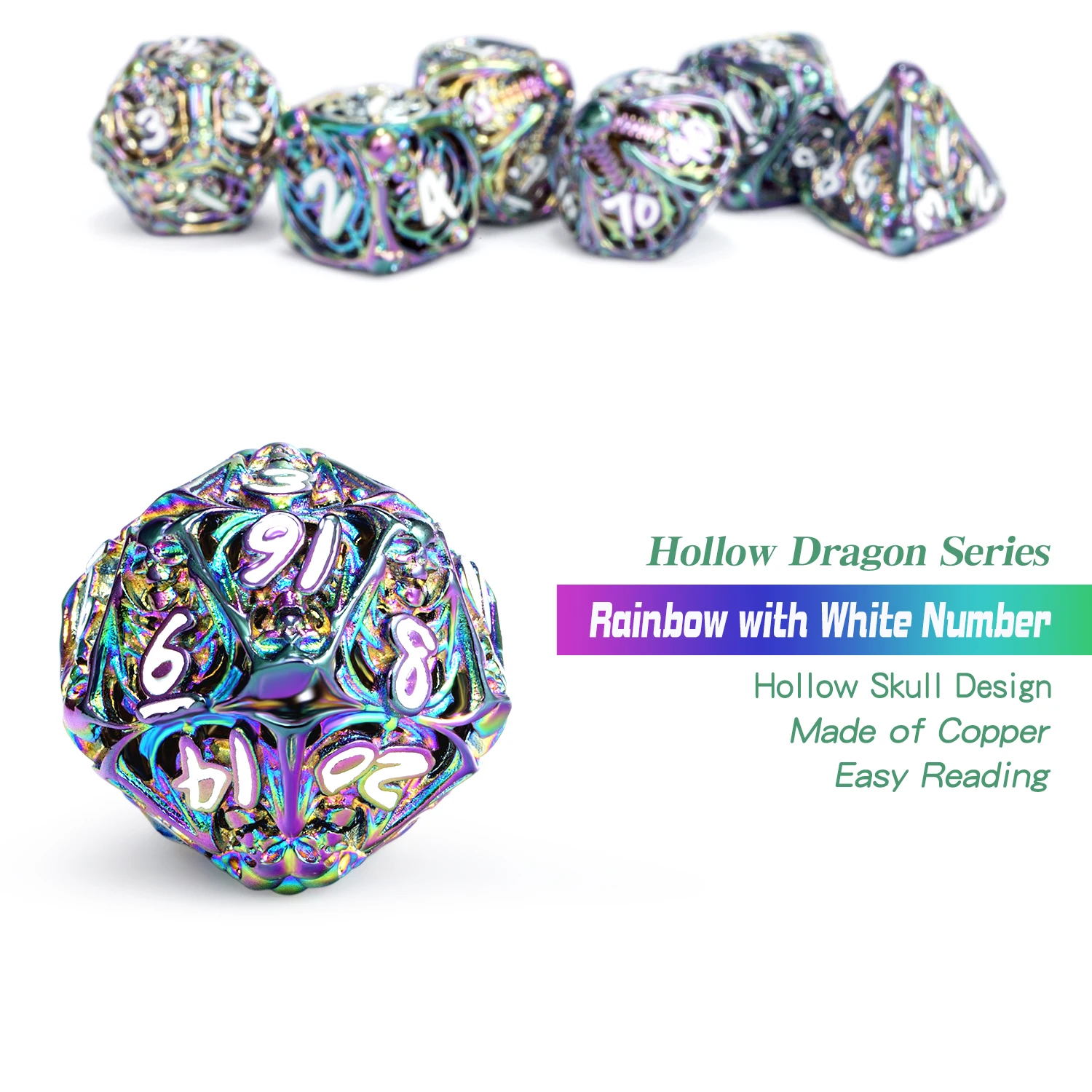 ARUOHHA Hollow Metal DND Dice Set – Rainbow Dragons Design, 7-Piece Polyhedral Dice With Gift Box