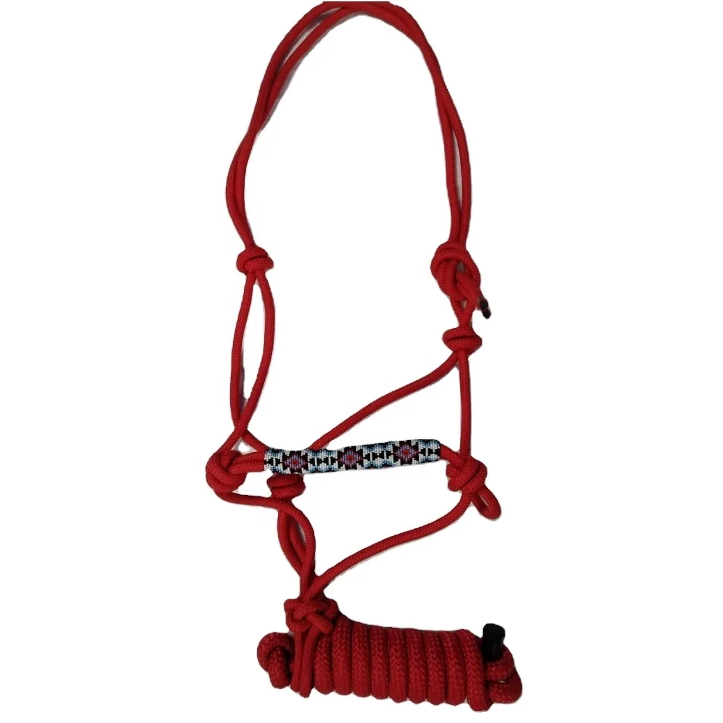 Custom Made Red Beaded Horse Lead Rope Halter With 8 Foot Matching