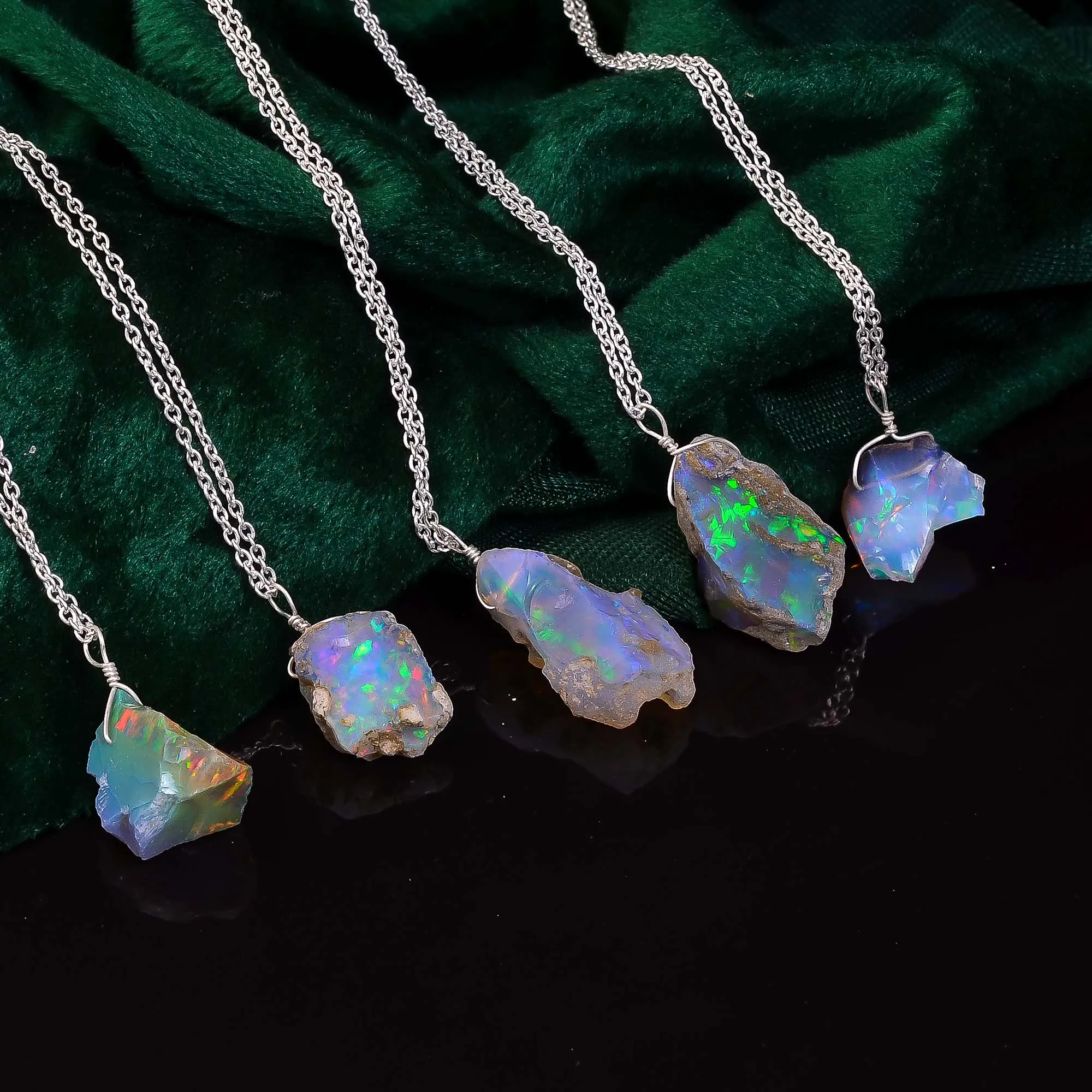 925 Sterling Silver Raw Opal Pendant Necklace,Real Ethiopian Opal Rough