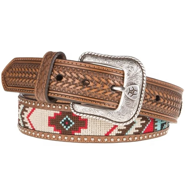 Sunflower Embossed Design Western Belt With Buck Stitching & Best