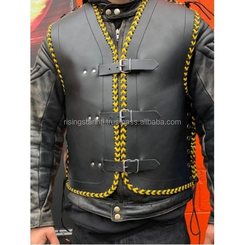 BONJEAN Mens Genuine Leather Rock Vests Metal Chain Biker Vest