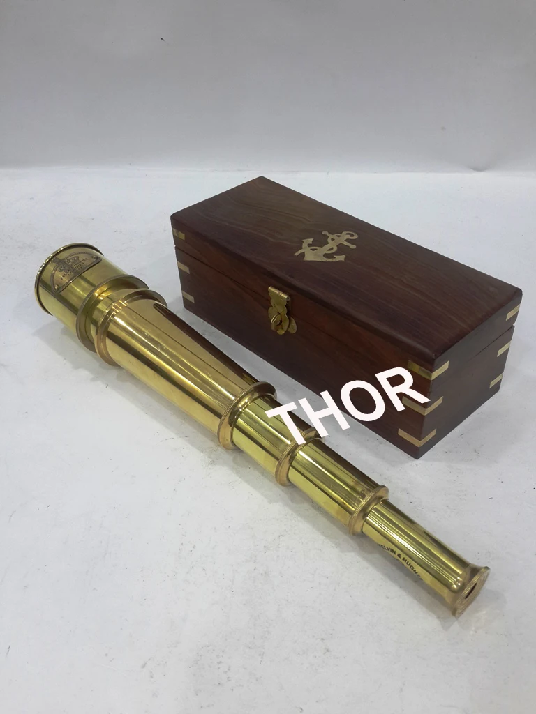 Nautical Brass Telescope/Leather Handcrafted Spyglass With Anchor Wooden Box 18" 