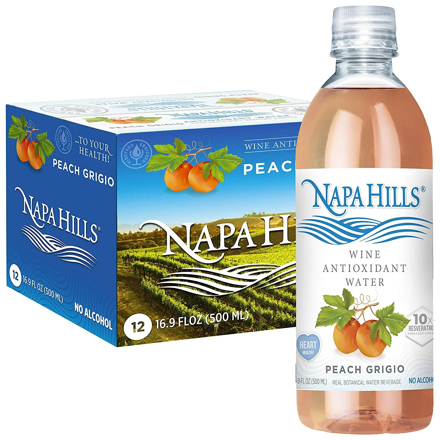 
Napa Hills Wine Antioxidant Water Peach Flavored Wine Water Non Alcoholic Resveratrol Enriched Drink Cherry Rose 12 Pack 