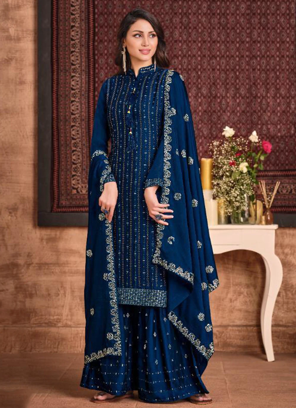 Ethnique en coton brodé Plazzo décousu salwar kameez pakistanais Asian dress 