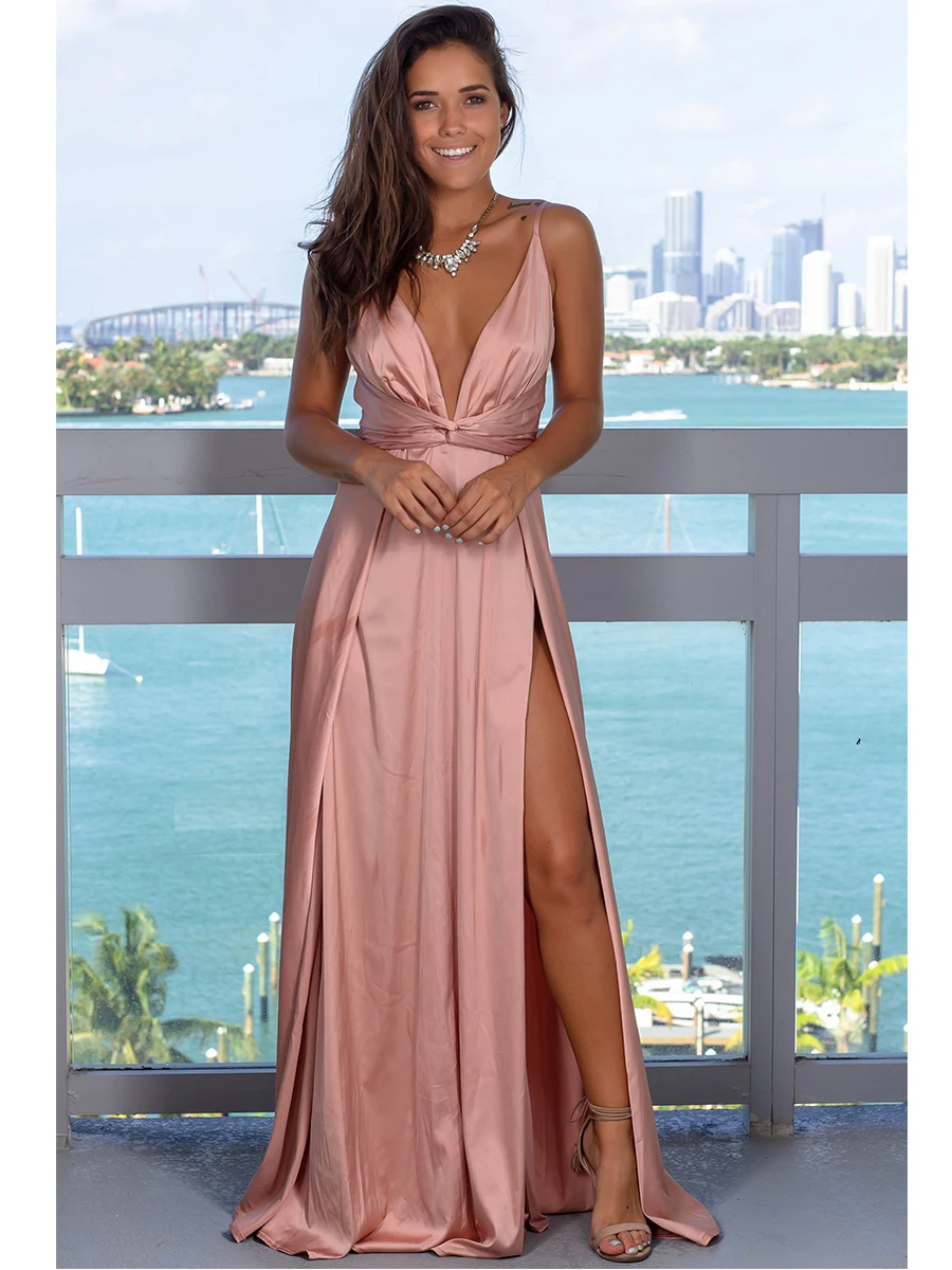 Comfortable Pink Women fashion clothing supplier silk maxi dress sexy back open evening dress