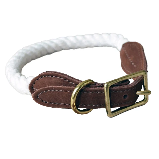 White Cotton Rope Dog Collar With Leather Handle Heavy Training Walking