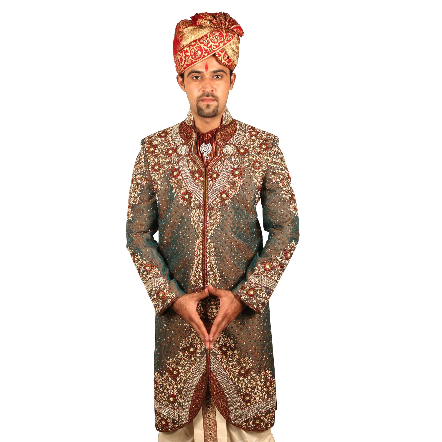 
Remarkable Royal Indian Wedding Dark Olive Sherwani For Men Adorned Graciously With Stylish Turban And Cream Hue Bottom 