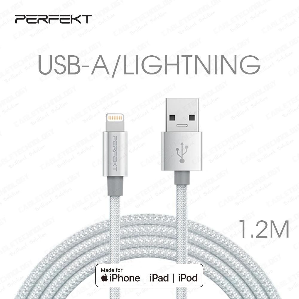 PERFEKT PT-10010 Platinum Lightning to USB 1.2m (4ft) Fast Charging Cable - Apple MFI Certified for iPhone 12/11/Pro Max, iPad