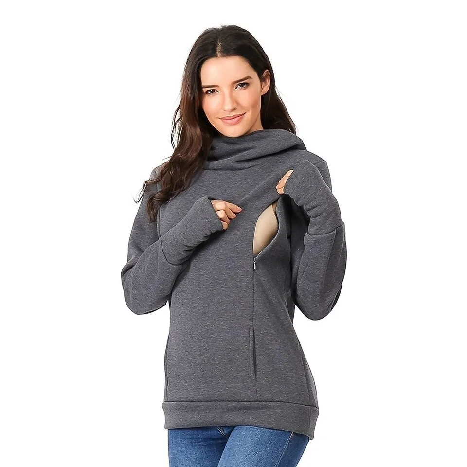 Women Pregnant Breastfeeding Women Hoodies Side Long Zipper Maternity