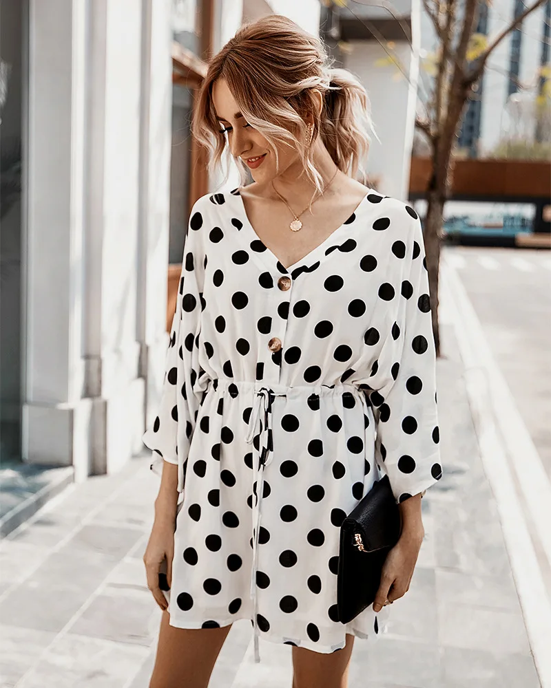 Fashion Hight Quality Women V-Neck Dot Pattern Printed Short Sleeve Holiday Casual Dress