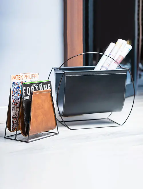 Golden Metal and Leather Magazine Rack - Stylish & Durable