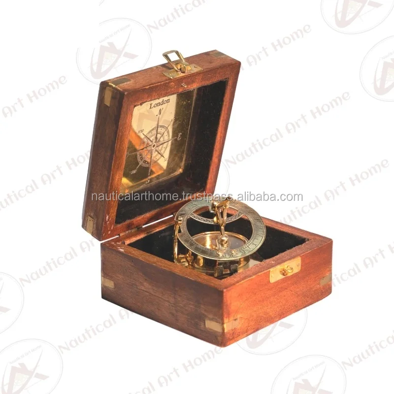 Antique Nautical Marine Brass Square Sundial Compass with Wooden Box Desk Decor 