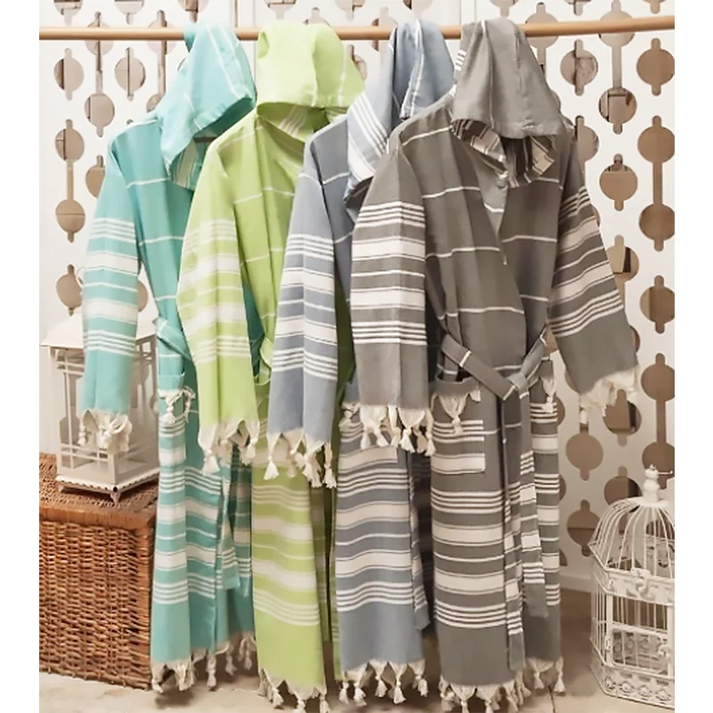 Turkish Towel Bathrobe 100 Cotton Good Quality Fringed Hooded Bathrobe