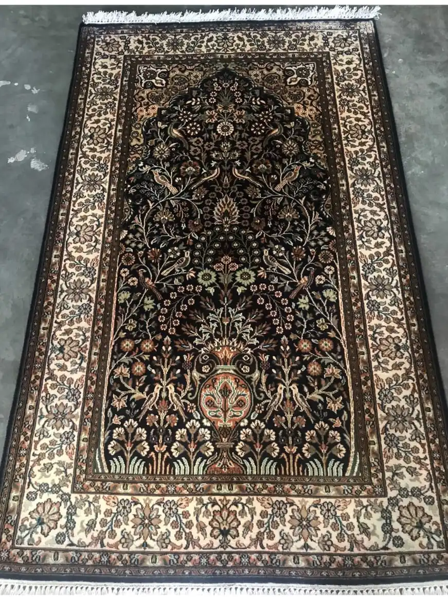 Kashmir Silk Carpets 100 Silk And Hand Made Silk Rectangular Carpet Traditional Dark Color