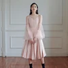 Hot Trendy 2019 Summer Fashion Clothes Sheer Top With Pink Pleated Dress Set Oem Service