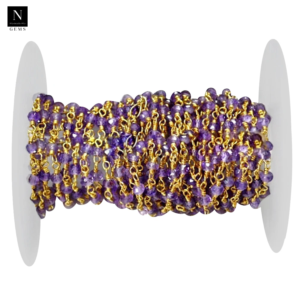 Amethyst beads rosary chain 3-3.5mm gold plated wire wrapped link stone rosary chain jewelry making supply