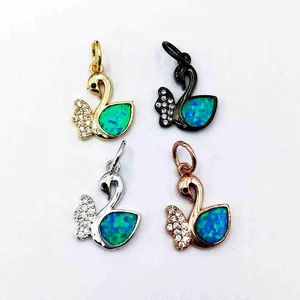 Wholesale blue opal Swan charm pendant clear CZ micro paved findings Cubic Zirconia CZ pendants jewelry supplies