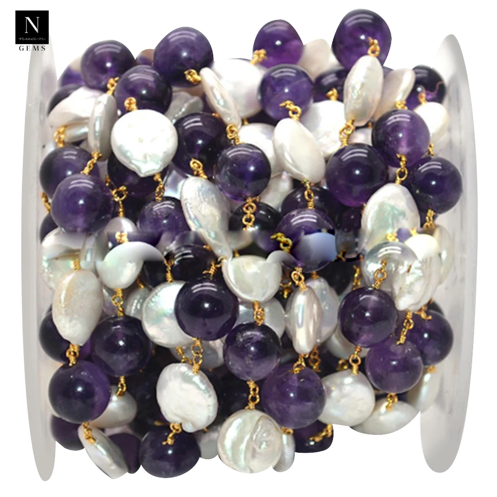 Amethyst with pearl 12mm rondelle beads 24k gold plated wire wrapped beaded link rosary chain jewelry making supplies